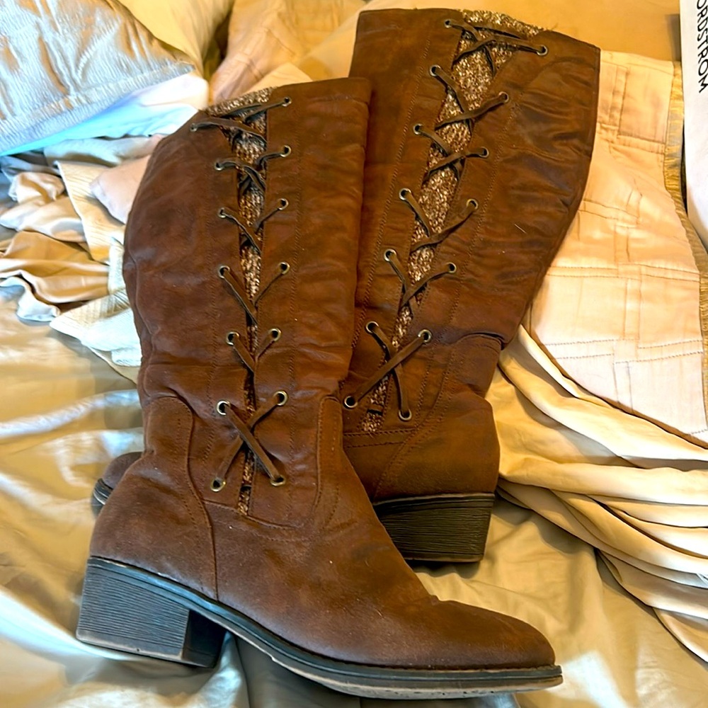 Tall brown zipper boots